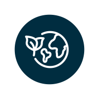 Ikon med jordglob och löv som symboliserar hållbarhet och globalt ansvar.